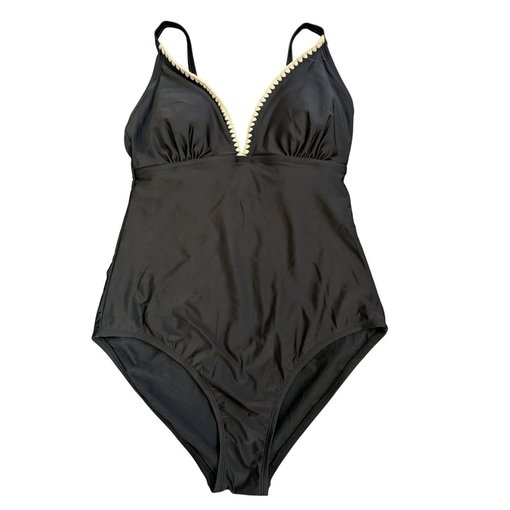 Kona Sol Womens Black Crochet Trim V-Neck One Piece Swimsuit Size Large 8/10